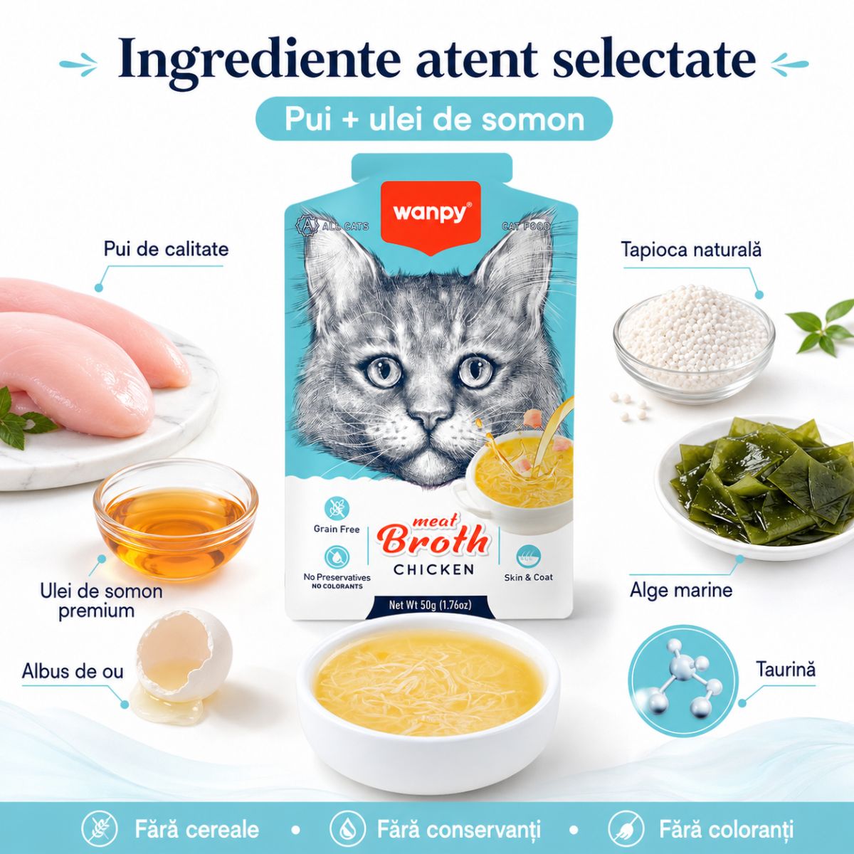 WANPY Meat Broth, Pui, plic hrană umedă pisici, (supă), 50g